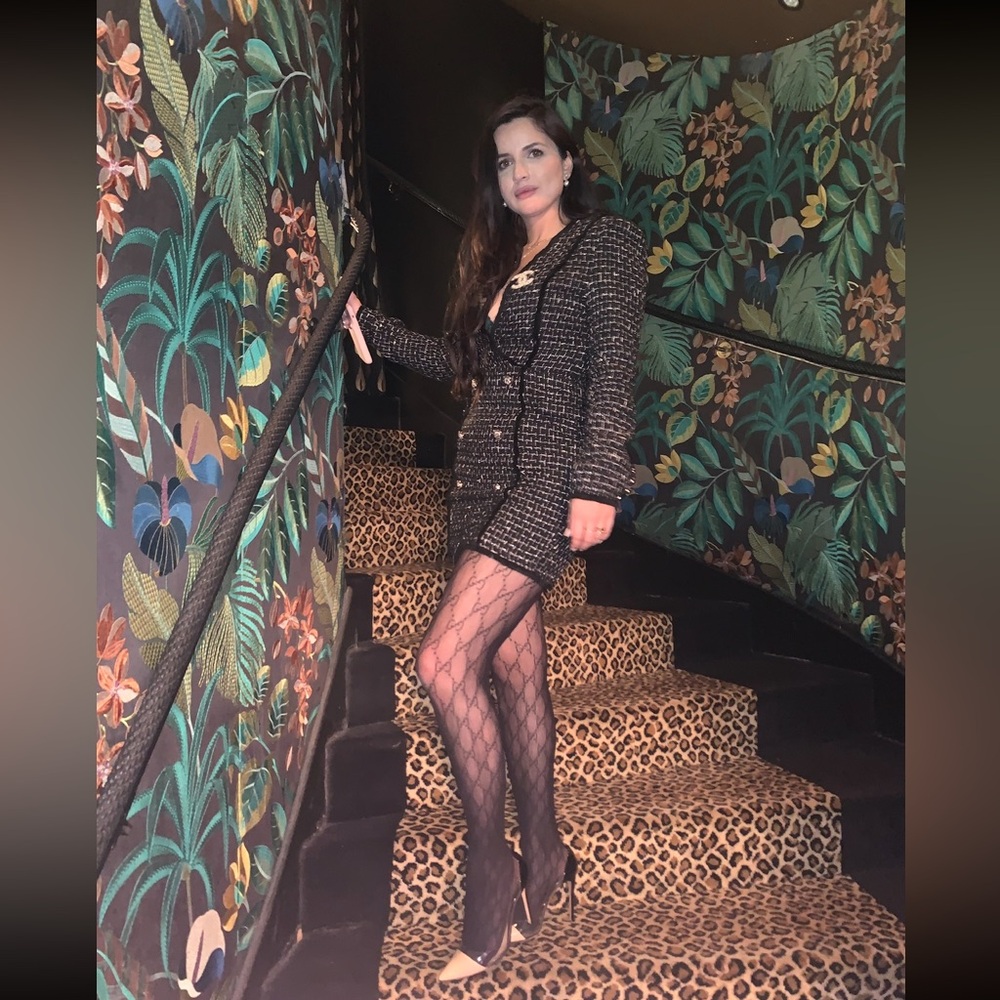 Tweed long sleeve black dress